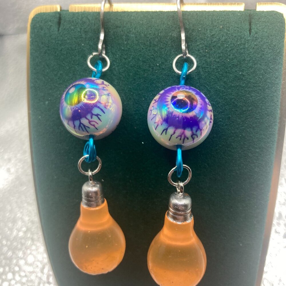 Handmade Purple and Orange Eyeball and Lightbulb Earrings